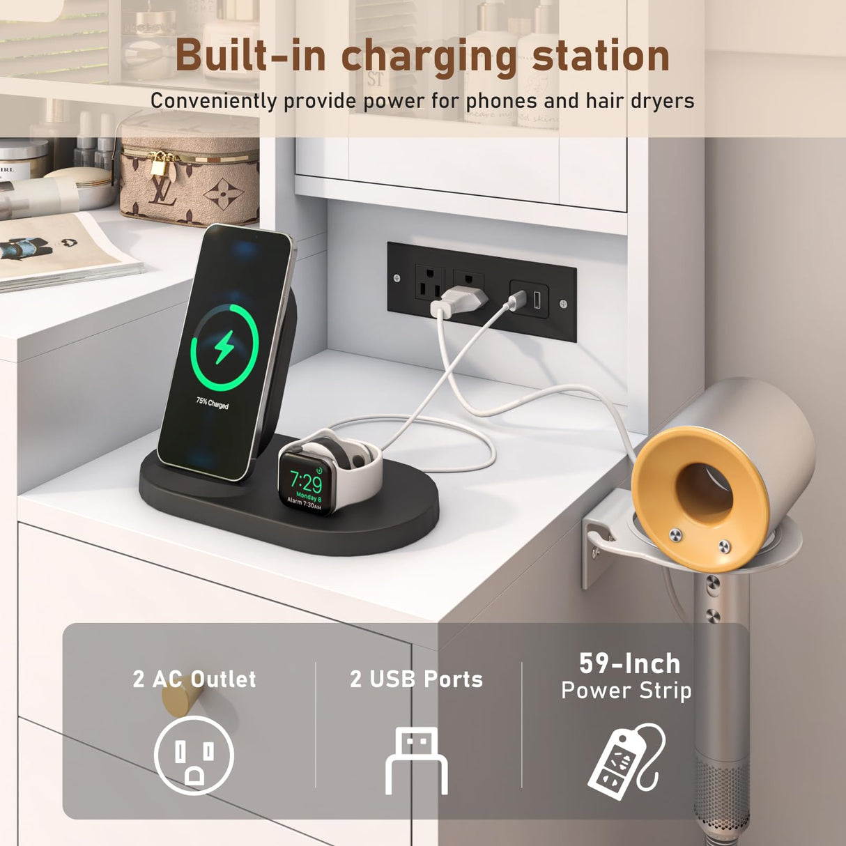 Vanity Desk with Lights & Sliding Mirror, Modern Vanity Makeup Mirror Desk with Charging Station 2 Drawers 2 Doors, Lots Storage Shelves, Large Vanity Set with Cushioned Stool for Girls & Women, White jiteentarou