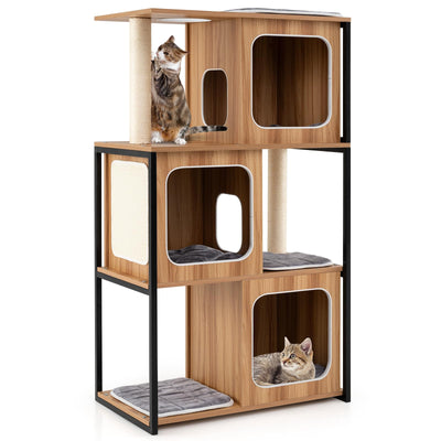 PETSITE 52 Inch Wood Cat Tree for Indoor Cats, Multi-Level Solid Metal Framed Wooden Cat Tower with Sisal Scratching Posts and Pad, 3 Condos, and Top Platform with Cat Hole