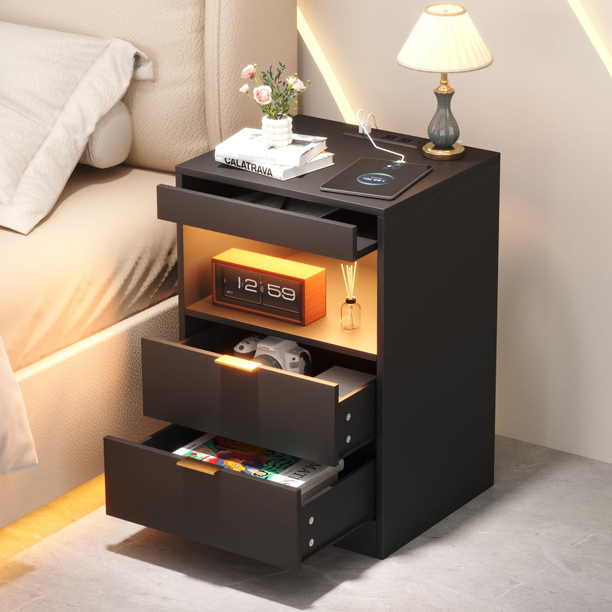 Yusong Night Stand, Bedside Table, LED Nightstand with Charging Station, Modern Night Stand, Wood Sofa Couch End Side Table with 2 Pull-Out Shelf (Black) Yusong