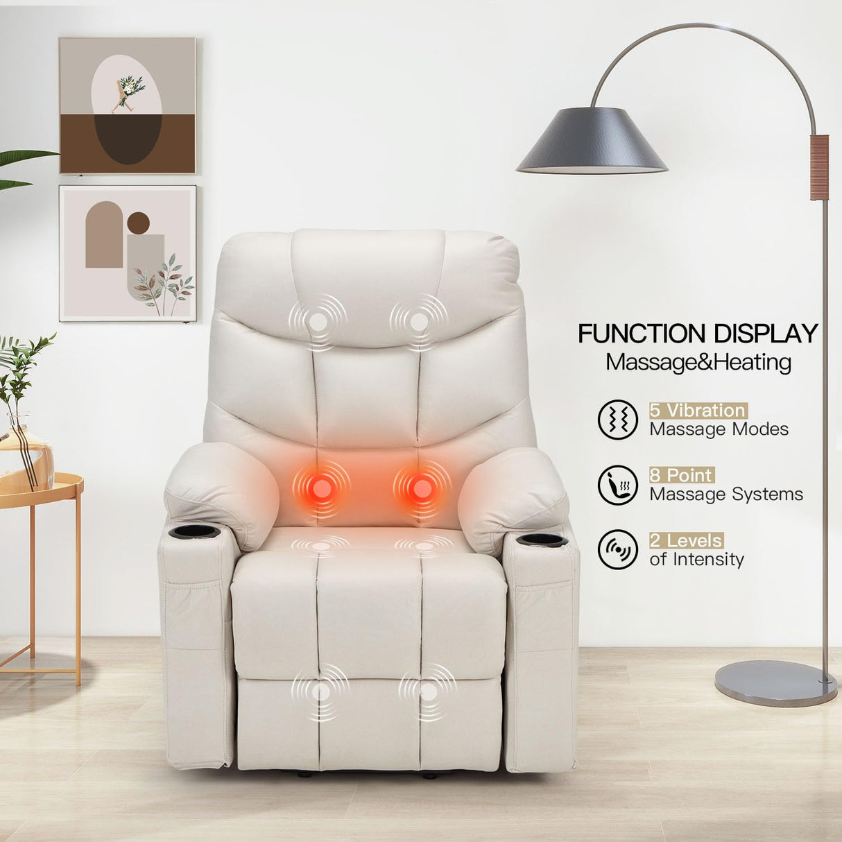 Esright Power Lift Recliner for Elderly, Electric Lift Chair with Heated Vibration Massage,Heavy Duty Electric Recliner with Side Pockets, USB Charge Port & Cup Holders, Cream Beige Esright