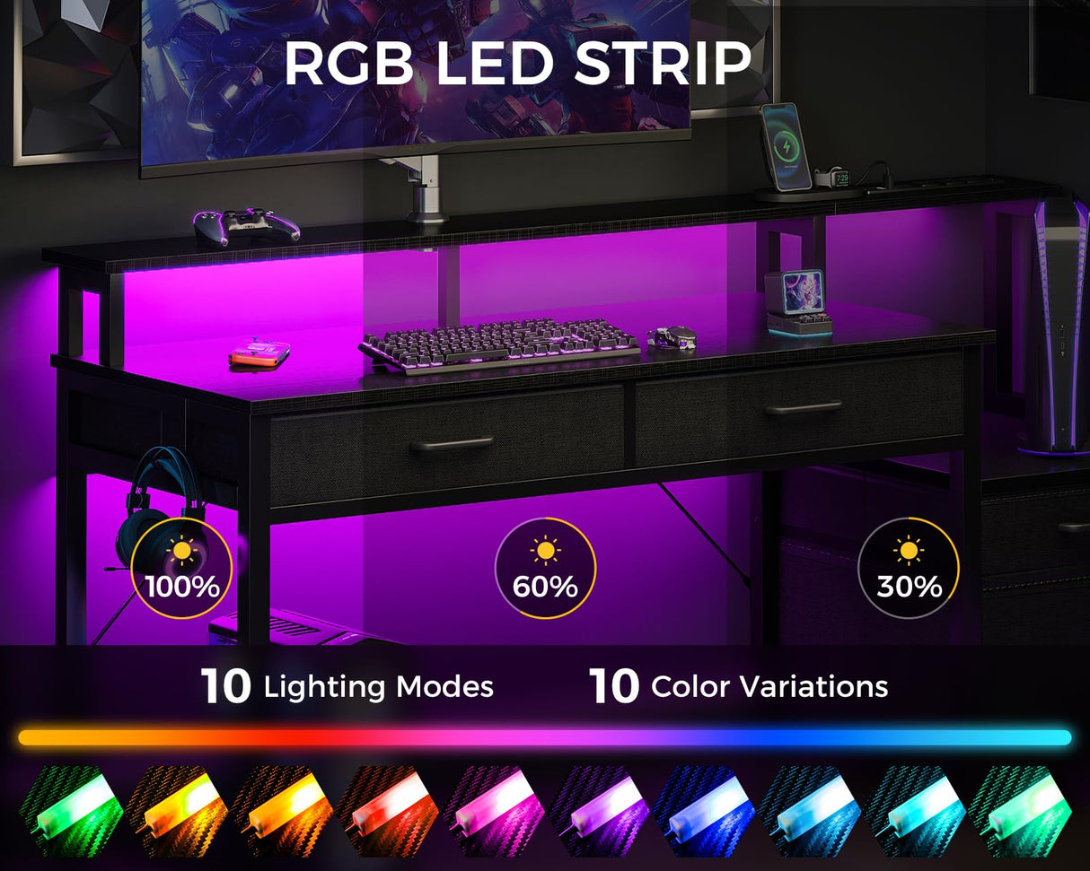 AODK 55-Inch Computer Desk with Power Outlets and LED Lights, Gaming Desk with 4 Fabric Drawers, Reversible Office Desk with Monitor Riser, Writing/Study Table for Home, Black AODK