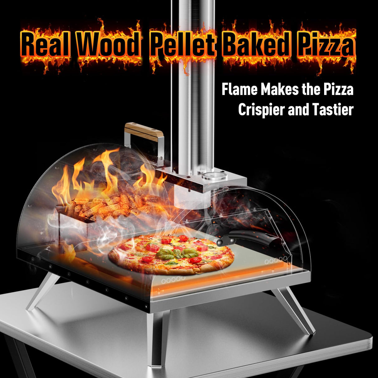 Multi-Fuel Pizza Oven Outdoor, 12" Portable Wood and Gas Fired Pizza Oven with Thermometer,Gas Hose & Pizza Stone,Heats up to 1000°F,Stainless Steel Pizza Oven for Backyard or Camping (Black) WOOCIT
