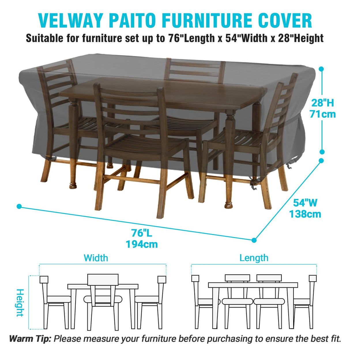 Velway Patio Table Chairs Set - Square Waterproof 76"L x 54"W x 28"H Outdoor Bistro Dining Set - Fire Pit Table Cover - Furniture Cover - Small Rectangle Ultra Windproof UV-Resistant Velway