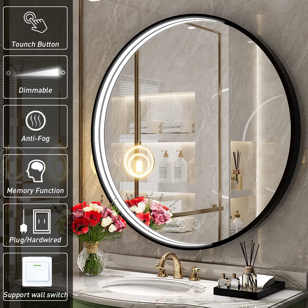 FTOTI 28 Inch LED Black Frame Round Mirror,Round Bathroom Mirror with Light,Anti-Fog & Dimmable Touch Switch, Waterproof IP54,90+ CRI FTOTI