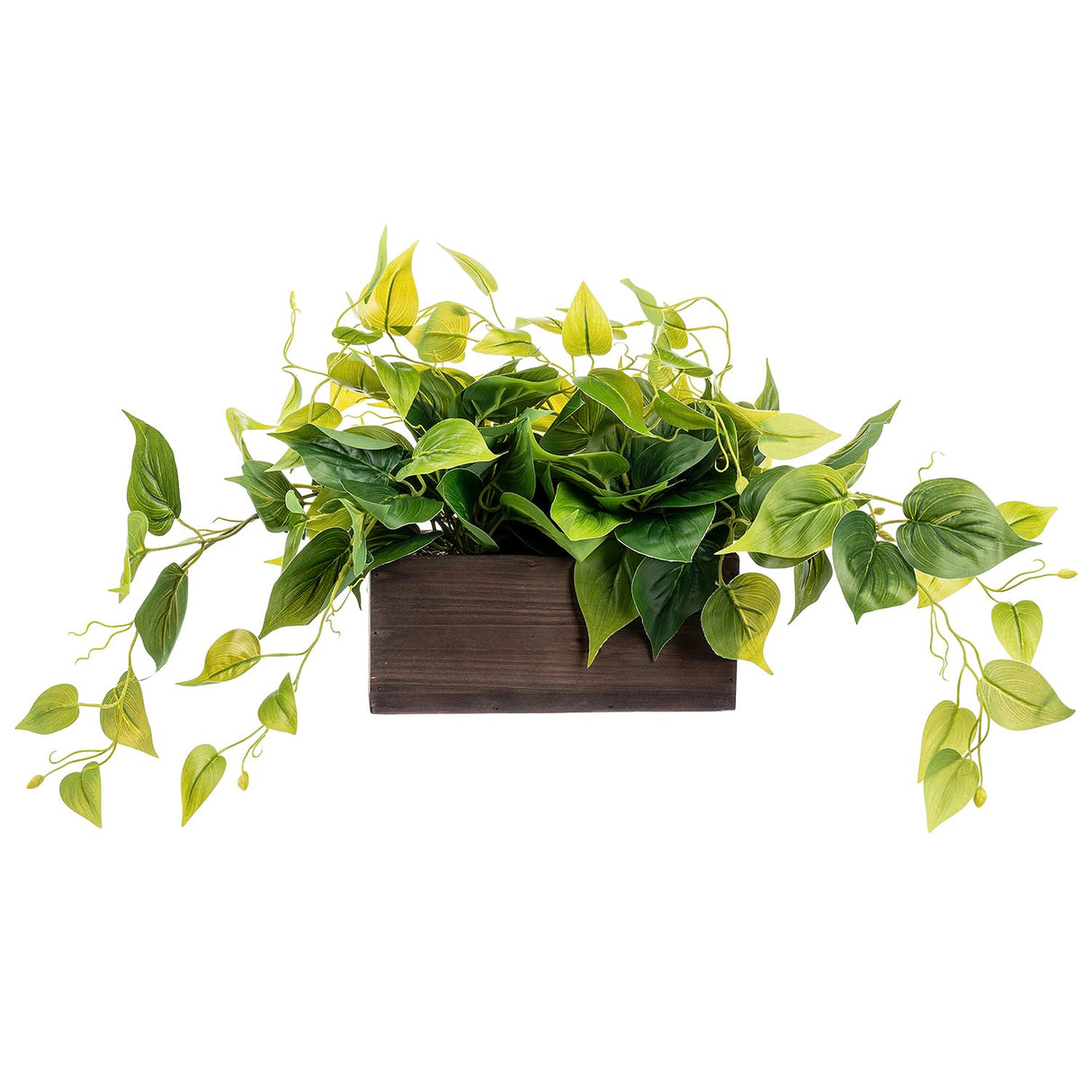 MyGift Vibrant Lifelike Artificial Plant Pothos Leafy Vine Greenery in Burnt Brown Solid Wood Rectangular Planter Box MyGift