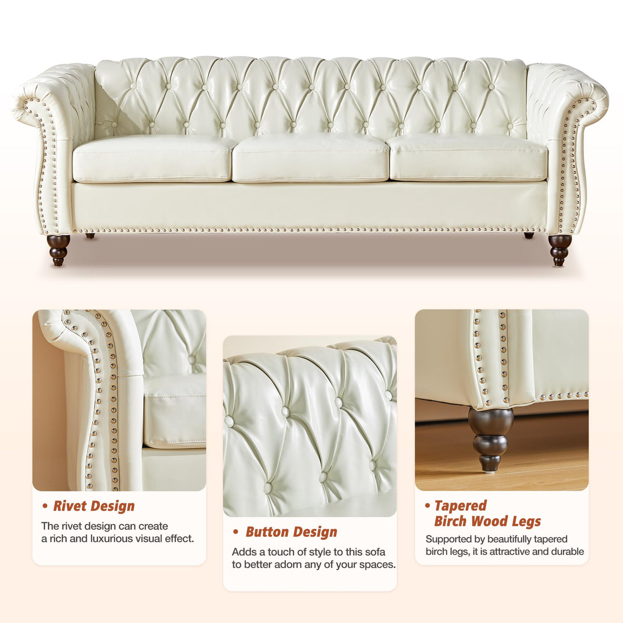 RUSTYER Chesterfield 3 Seater Sofa, Modern Leather Tufted Couch 3 Seater with Rolled Arms and Nailhead Mid-Century Upholstered Couch for Living Room, Bedroom, Apartment and Office, White RUSTYER