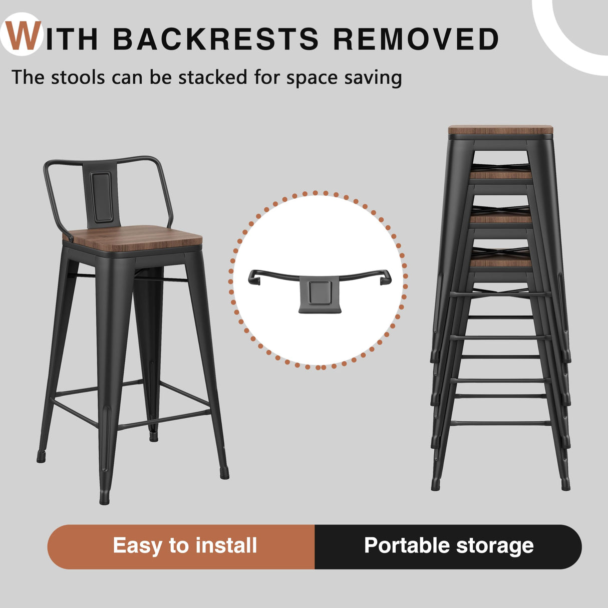 Changjie Furniture 24 Inch Bar Stools Set of 4 Industrial Metal Barstools Counter Height Bar Stool with Backs for Home Kitchen (24 inch, Black) Changjie Furniture