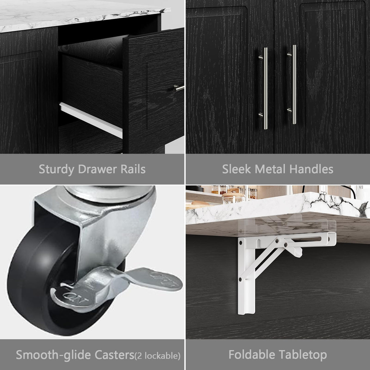 4 EVER WINNER Rolling Kitchen Island with Towel Rack & Spice Rack, Kitchen Island with Drop Leaf, Marble Tabletop Islands Table for Kitchen, Black 4 EVER WINNER