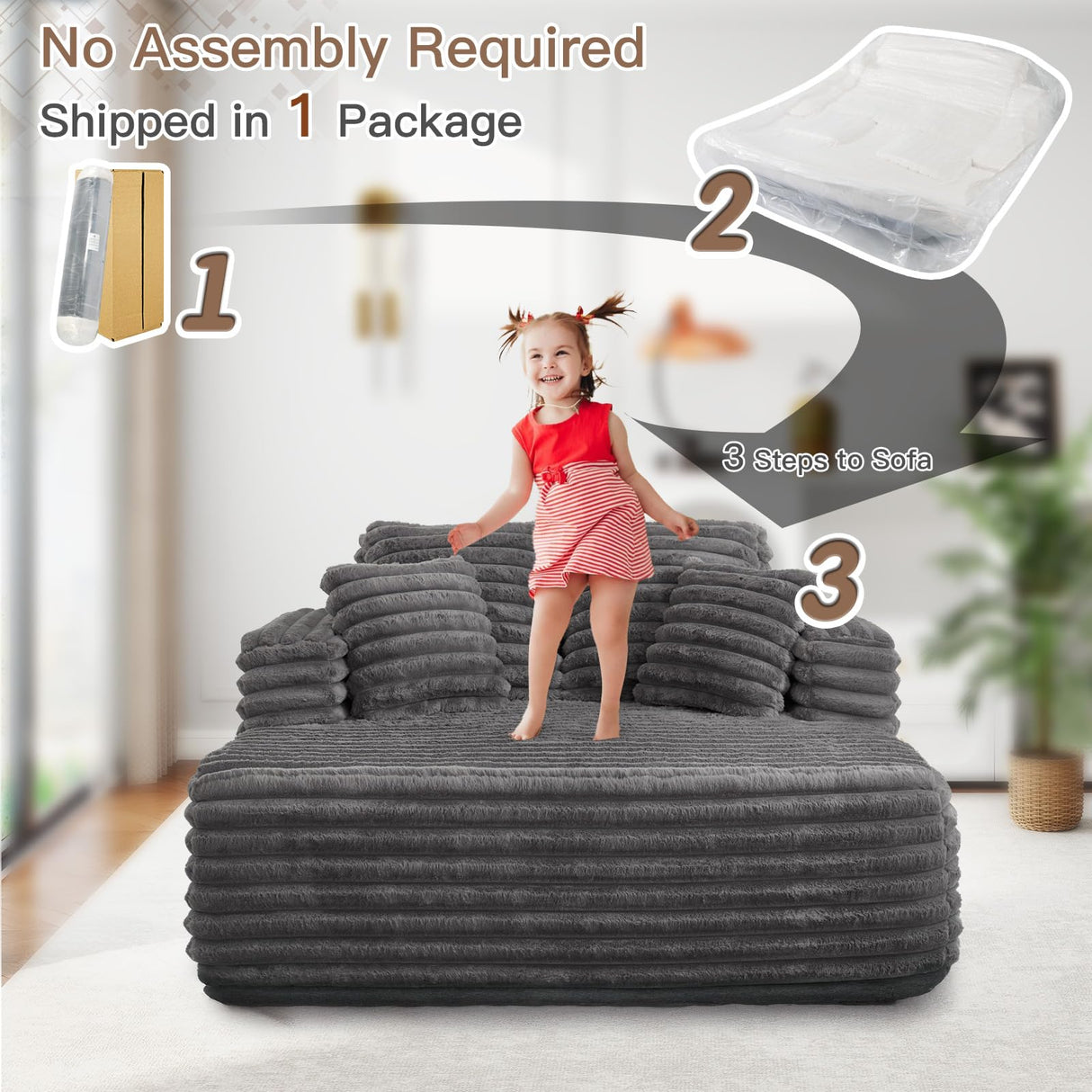 JEEOHEY 56"W Oversized Chaise Lounge Chair Indoor,Plush Faux Fur Sleeper Sofa Couch Bed with Pillows&Wide Armrest,Fluffy Comfy Cloud Sofa,Compression Foam Boneless Couch for Living Room,Bedroom(Grey) JEEOHEY