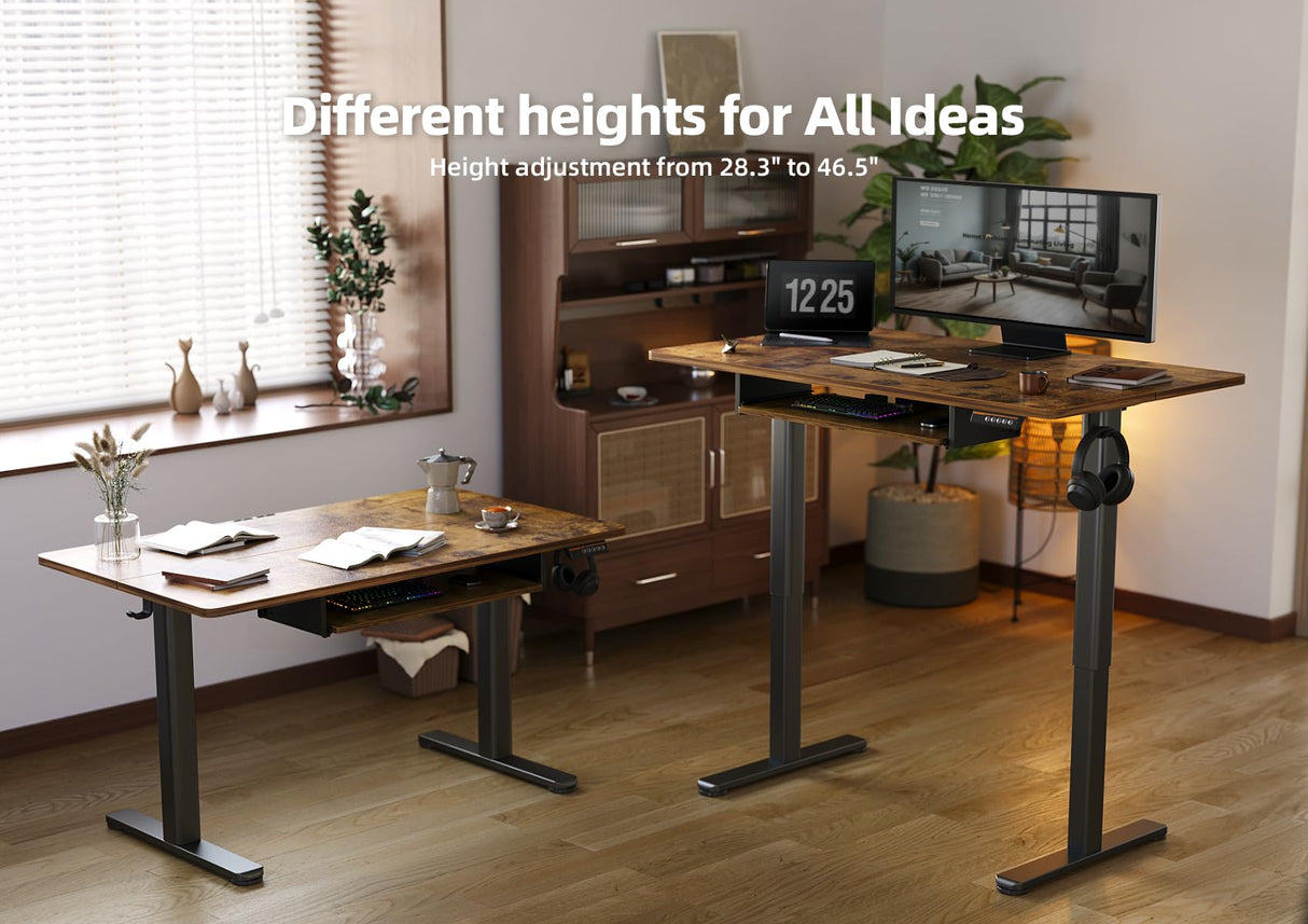 YDN Electric Standing Desk with Spacious Keyboard Tray, 55 Inch Height Adjustable Desk, Brown Stand Up Desk, Computer Office Desk, Rustic Brown YDN