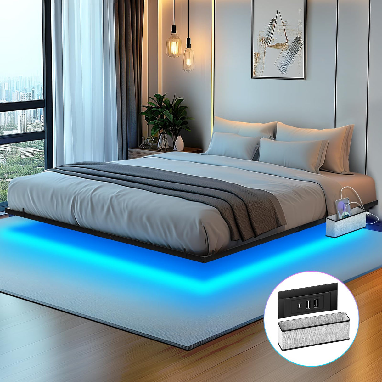 Tatub King Floating Bed Frame with LED Lights & Charging Station - Modern Platform Bed with Bedside Caddy Tatub