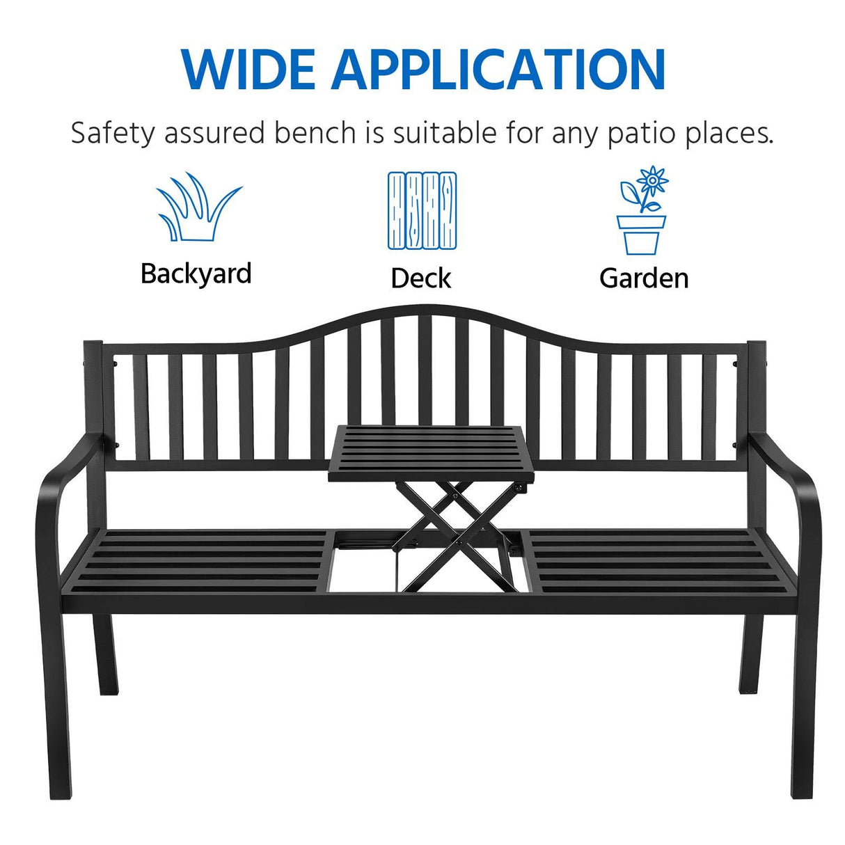 Yaheetech Outdoor Garden Bench w/Pullout Middle Table, Metal Patio Bench, Front Porch for Backyard, Weather-Resistant Frame, Patio Seating for 2-3 Person, Black Yaheetech