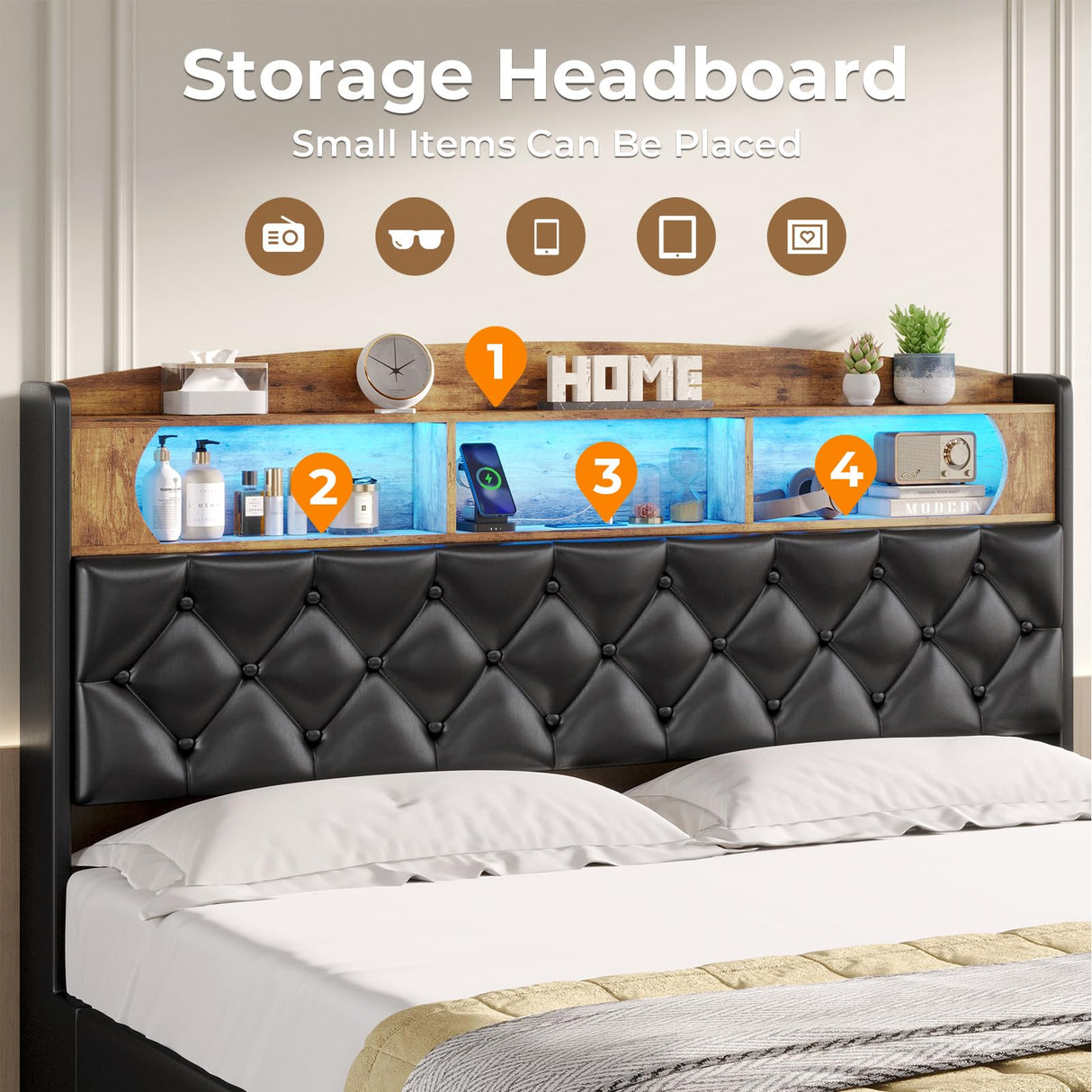 ADORNEVE Queen Bed Frame with LED Headboard, Hydraulic Lift Storage, and Built-in Charging Station in PU Black ADORNEVE