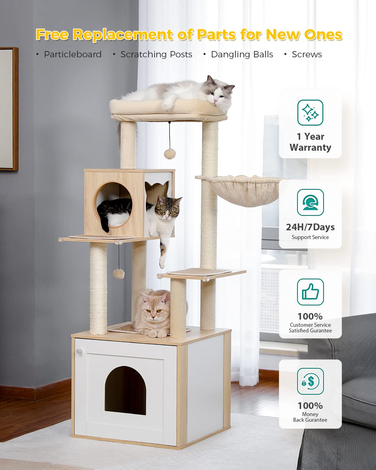 PETEPELA 56.7" Cat Tree with Litter Box Enclosure Large, Wood Cat Tower for Indoor Cats with Storage Cabinet and Cozy Cat Condo, Sisal Covered Scratching Post and Repalcable Dangling Balls, Beige PETEPELA