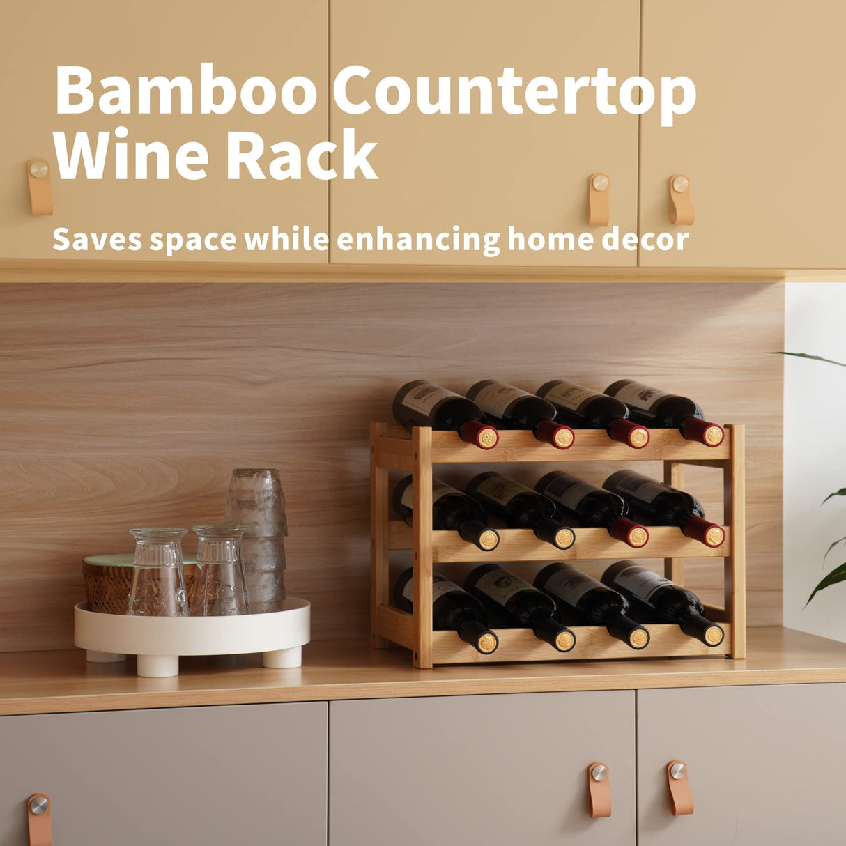 VASMIA Bamboo Wine Rack, Sturdy and Durable Wine Storage Cabinet Shelf, Wine Racks Countertop for Pantry,Kitchen,3-Tier 12 Bottles Wine Rack Natural VASMIA