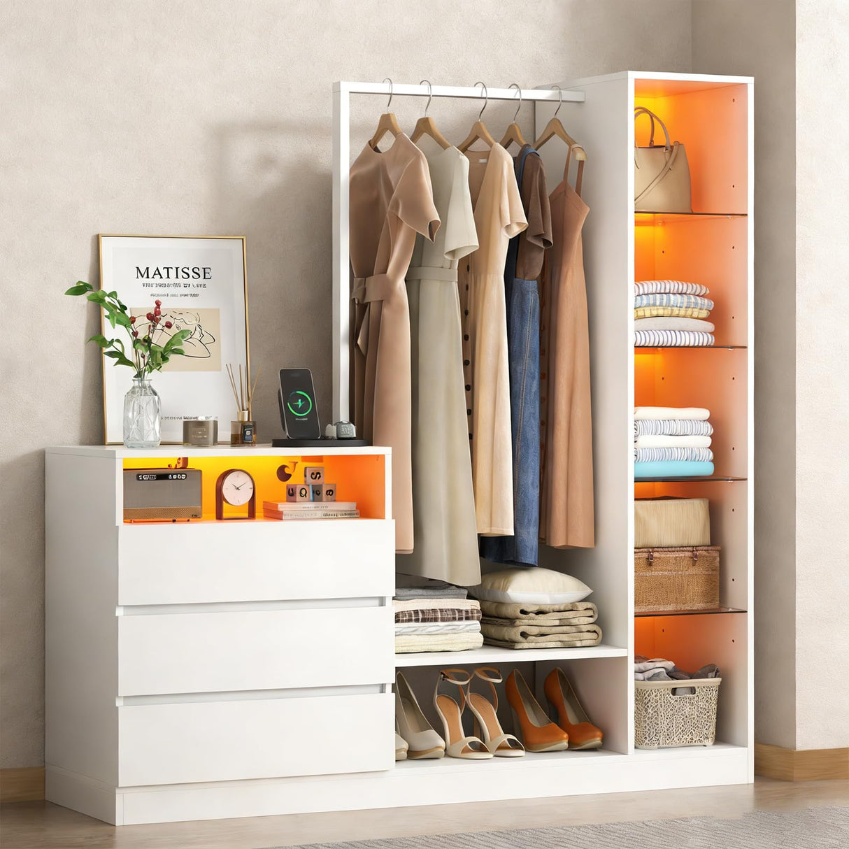 Wardrobe Dresser with Hanging Rack and Drawers - Led Wardrobe Dresser Combo with Charging Station, White Closet Organizers and Storage with Open Shelves, Armoire Clothes Cabinet for Bedroom (White) Auromie