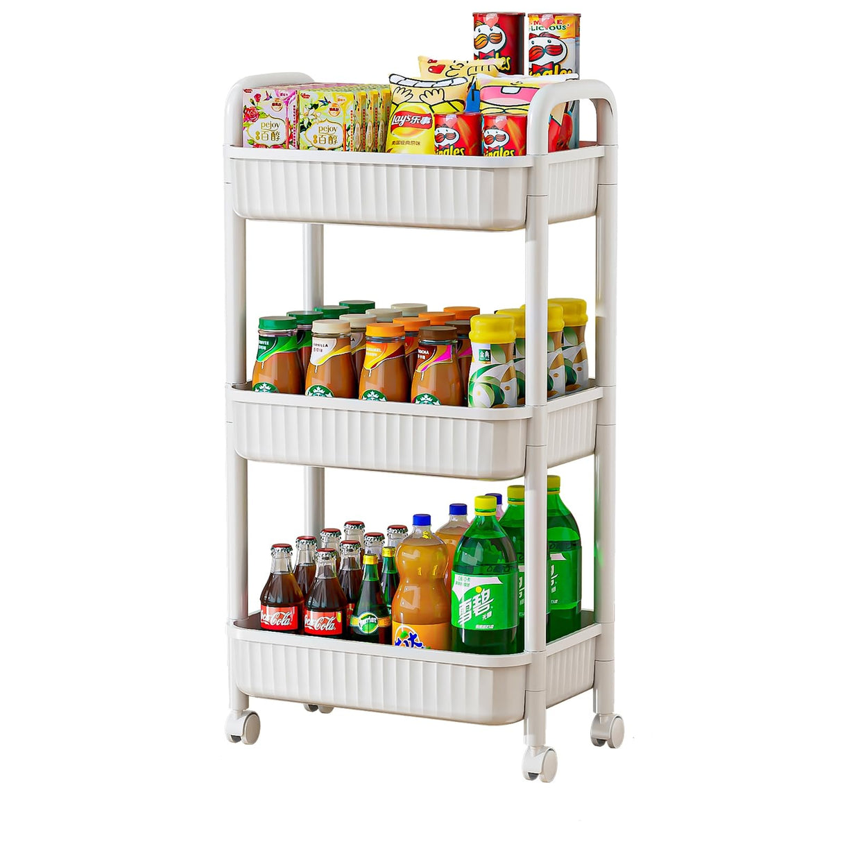 JOYZAN 3 Tier Rolling Carts with Wheels, Utility Cart with Handle and Locking Caster, Storage Cart for Kitchen, Office, Bedroom, Suitable for Diaper, Art Tools, Snack, Craft Storage Cabinet, White JOYZAN