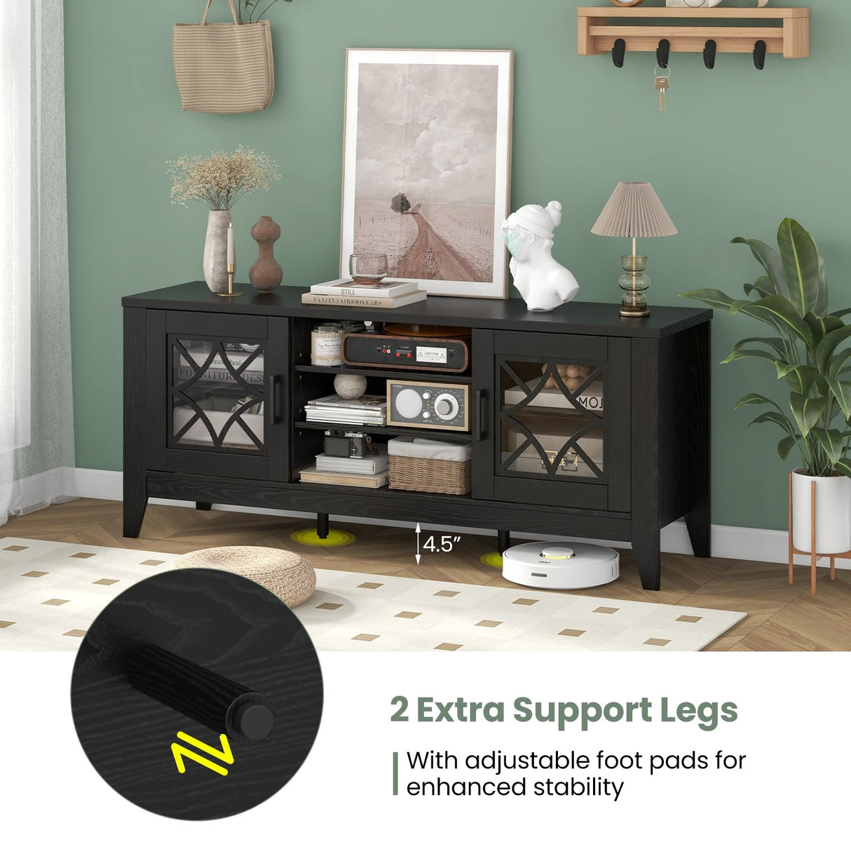 Tangkula Farmhouse TV Stand for TVs Up to 65-in, Classic Media Entertainment Center w/Glass Door Cabinets & 4 Adjustable Shelves, Modern TV Console Table w/ 3 Cable Holes for Living Room (Black) Tangkula