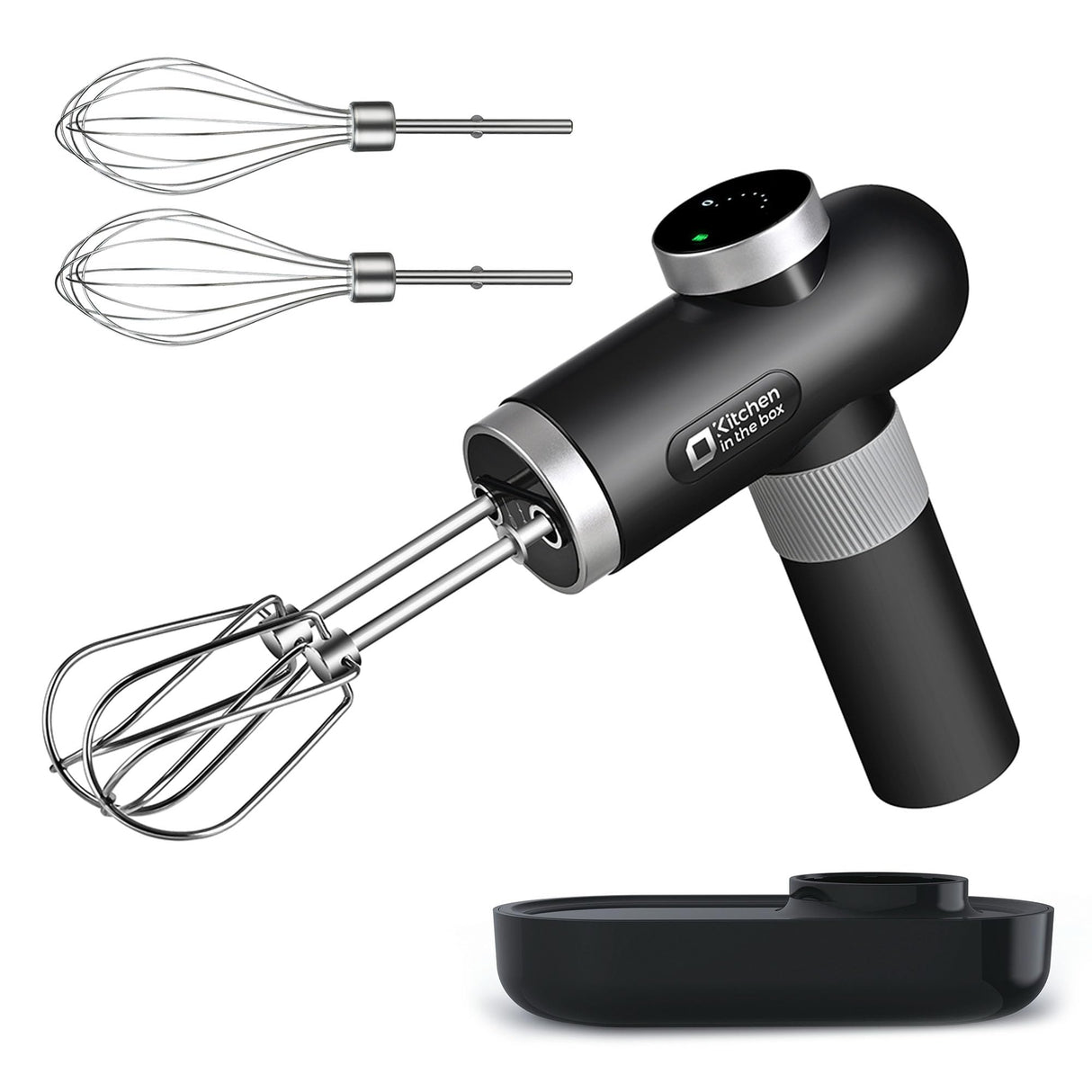 Kitchen in the box Cordless Rechargeable Handheld Mixer for Kitchen, Portable Electric Kitchen Mixer with Beaters, Whisks, 6-Speed Digital Display, Charging Base and USB-C Charge Cable (Classic Black) Kitchen in the box