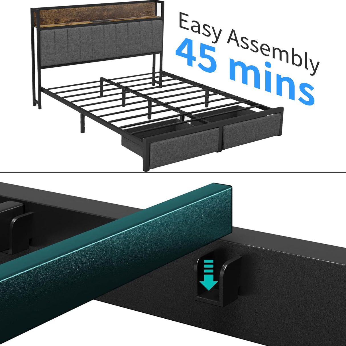 Full Size Bed Frame with Headboard Storage LED Bed with Sliding Drawers and Charging Station, No Box Spring Needed, Thickened Metal Slats, Easy Assembly Yeeloon