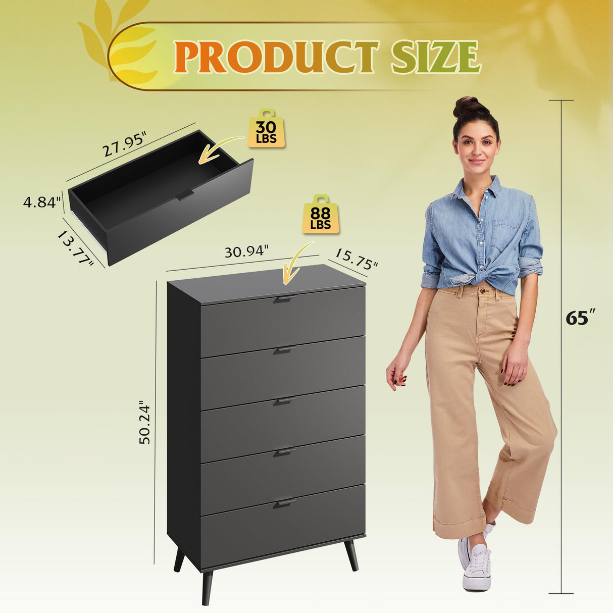 WLIVE 5 Drawer Dresser for Bedroom, Tall Wood Dresser, Black Dressers Storage Organizer with Sturdy Metal Handle, Chest of Drawers for Living Room, Hallway, Closet WLIVE