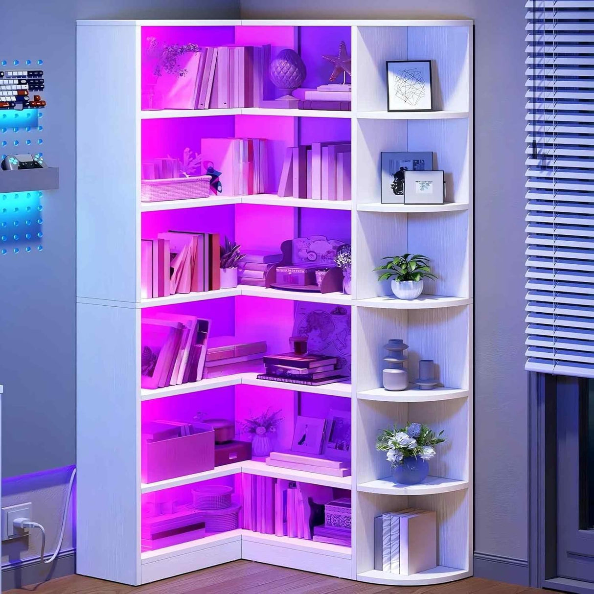 YITAHOME Corner Bookshelf with LED Light, 6 Tier Corner Shelf White Bookshelf L-Shaped Bookcase Storage Display Shelf for Home Office, Living Room, White YITAHOME