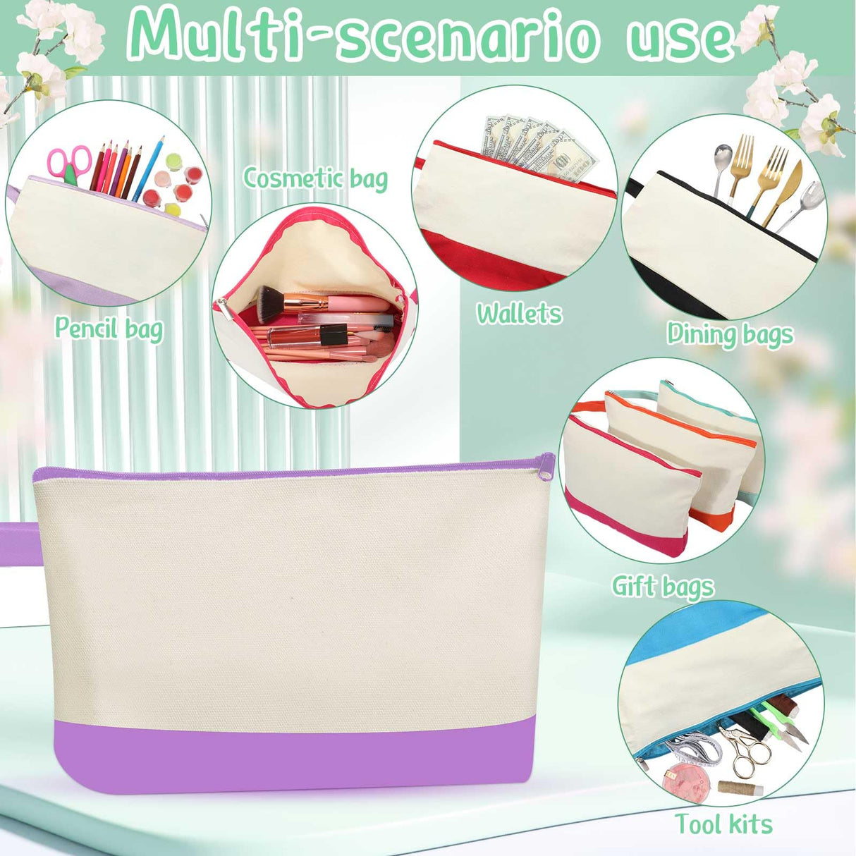 Sanwuta 30 Pcs Canvas Tote Bags Bulk with Zipper Cosmetic Bags 18.5 Cotton Canvas Bag with Handles Reusable Shopping Bags(Colorful) Sanwuta