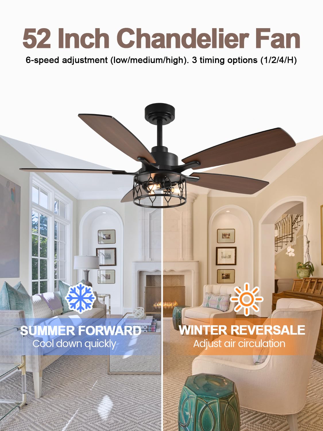 Curve Curio 52 Inch Farmhouse Ceiling Fan with Light and Remote Industrial Ceiling Fan Quiet and Reversible DC Motor Rustic Caged Chandelier Fan for Living Room Bedroom Patio Curve Curio
