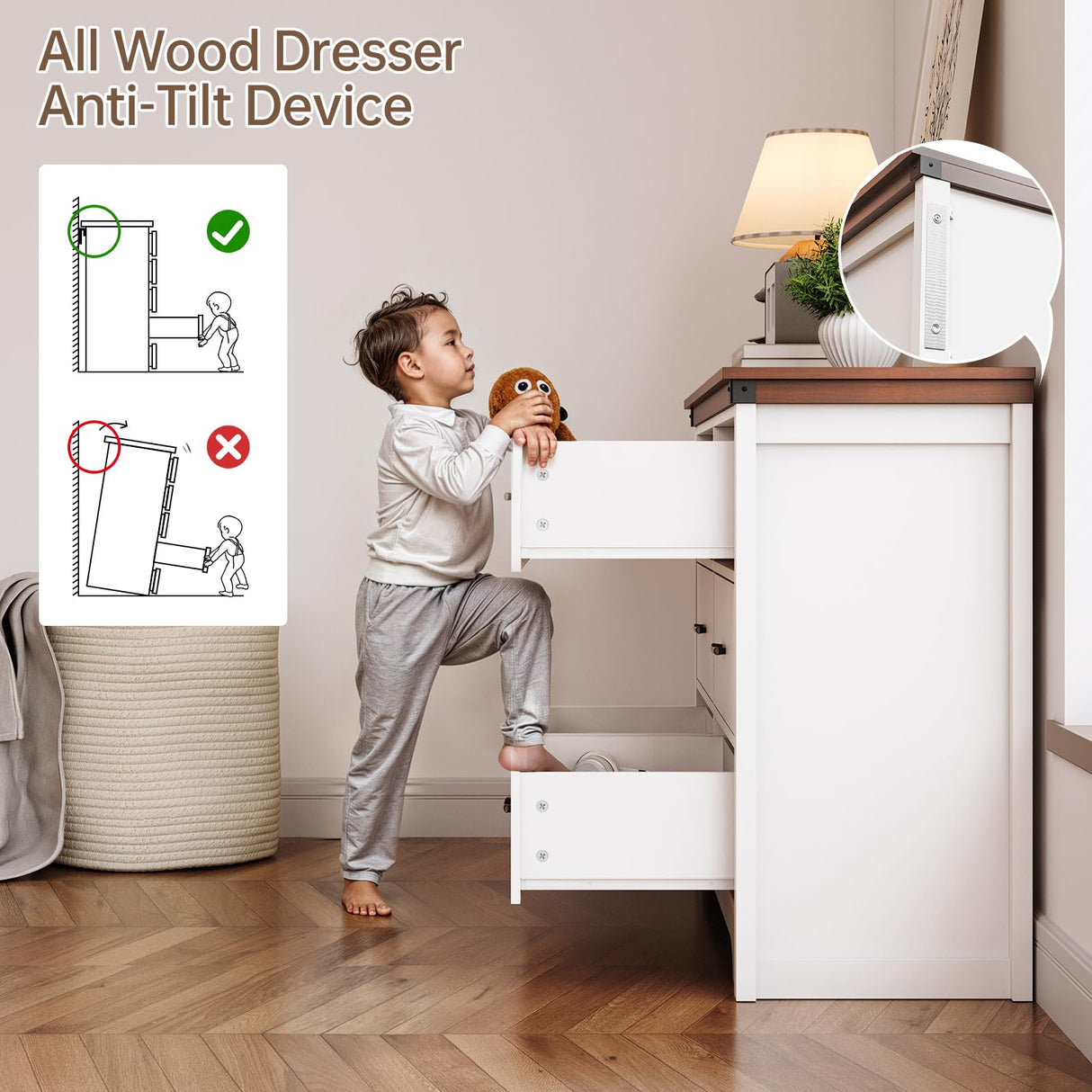 Farmhouse 6 drawer dresser for bedroom, 51" Wide chest of drawers, Wood white dresser with Metal Handle and Anti-Tipping Device, Storage Dressers Organizer for Bedroom, Living Room, Hallway, White Airynee