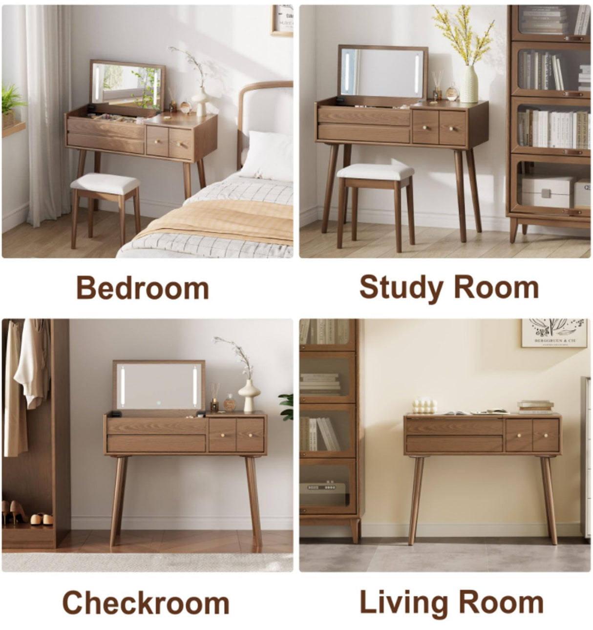 KungFuWood Makeup Vanity Desk with 3 Lighting Modes, Solid Wood Vanity Desk with Mirror Dressing Table Set 4 Drawers,Space-Saving Vanity for bedrooms(walunt) KungFuWood