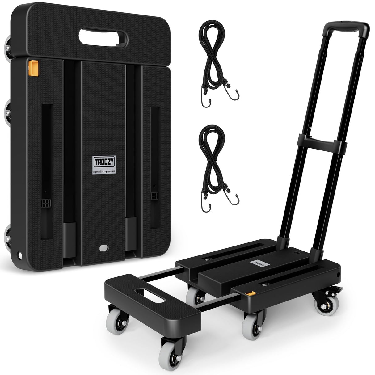 Folding Hand Truck, 500 LB Heavy Duty Luggage Cart, Utility Dolly Platform Cart with 6 Wheels & 2 Elastic Ropes for Luggage, Travel, Moving, Shopping, Office Use, Black TROOZY