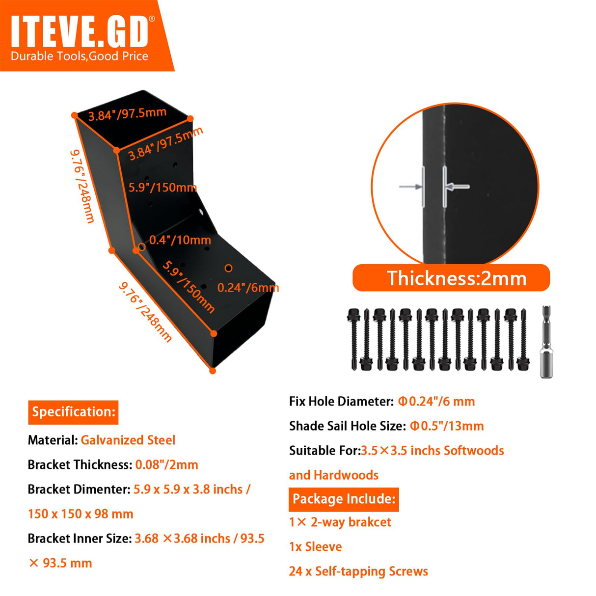 ITeVe.GD Pergola DIY Bracket Kits,2-Way "L" Shaped Corner Brackets for 4" x 4"(Actual:3.5" x 3.5") Lumber for Outdoor Pergola,Proch,Log Cabin W/Hardware - 1Pack ITeVe.GD