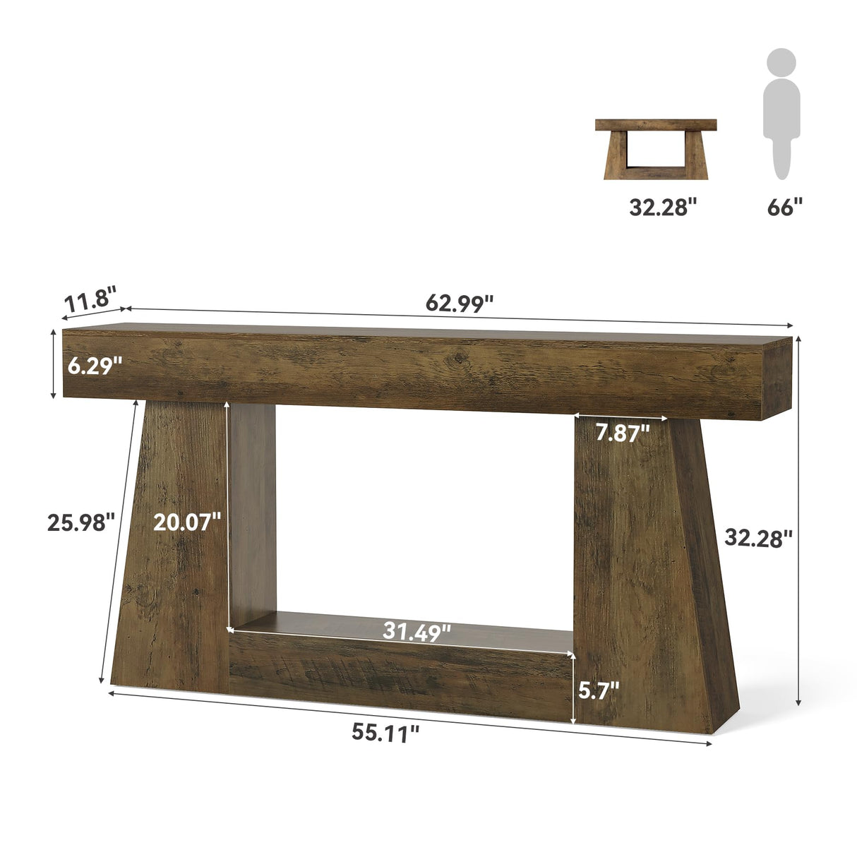 LITTLE TREE 63" Farmhouse Console Table with Storage, Rustic Sofa Table for Entryway, Narrow Long Sofa Table Behind Couch, Console Table for Living Room, Hallway—Versatile Storage Solution, Oak LITTLE TREE