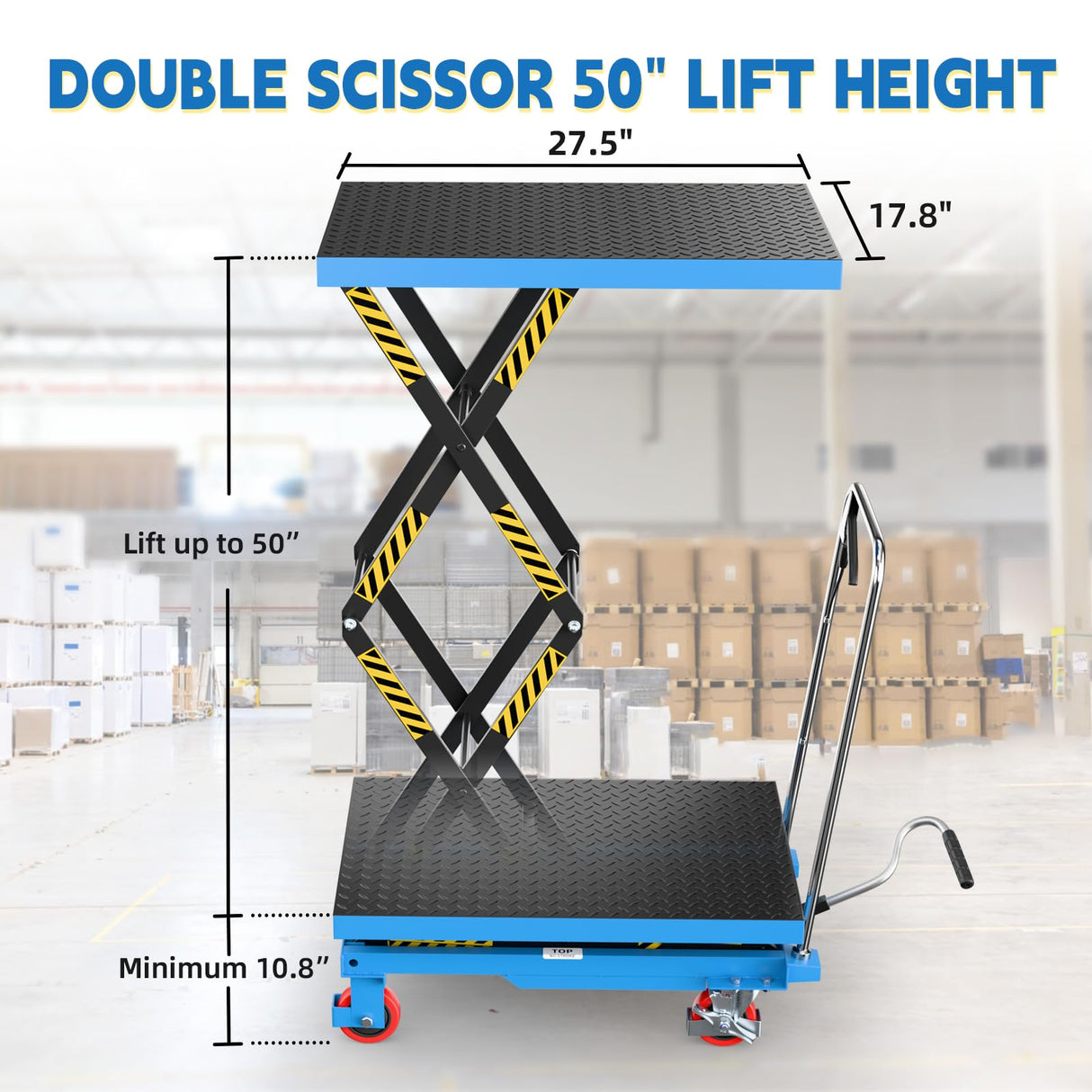 Hydraulic Lift Table Cart, Double Scissor Lift, 330 Lbs Capacity, 50" Height with Non-Slip Pad, 4 Safety Bumper PU Wheels, Ideal for Home, Garage, Supermarket, Factory, Warehouse, Construction Sturdon