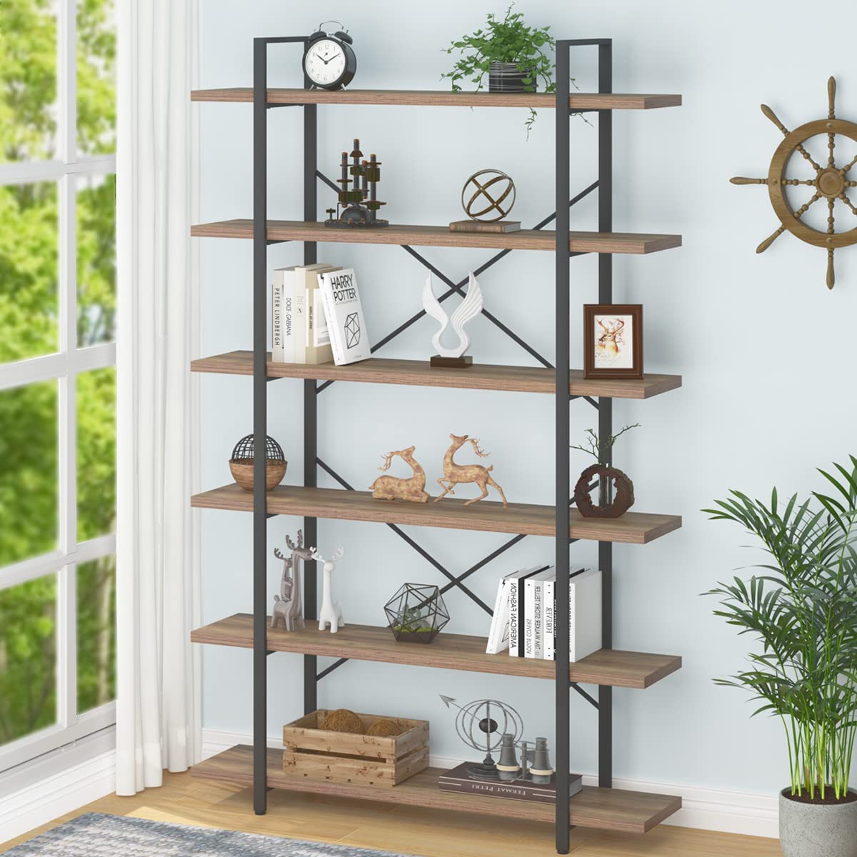 HSH Rustic Oak 6-Tier Tall Bookcase & Storage Rack with Metal Frame HSH