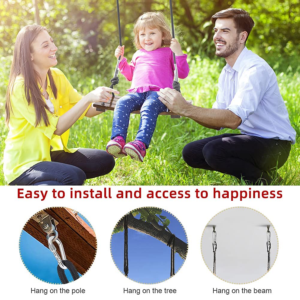 PELLOR Wood Swing Seat, Carbonized Hanging Wood Tree Swing for Adult Kids Children Anticorrosive & 100% Waterproof Wooden Swing Set 440lbs Load Indoor Outdoor Backyard Play PELLOR