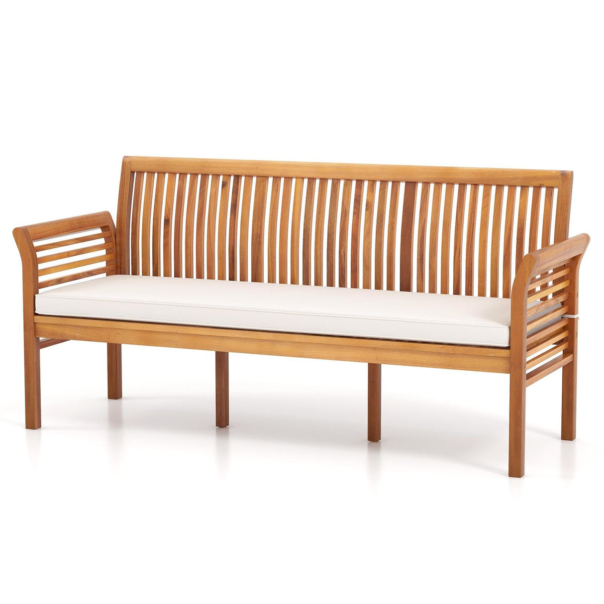 COSTWAY Wooden Outdoor Bench with White Cushion, Garden Bench with Curved Armrest & Slatted Back for Patio, Park & Porch, 23”x 62.5”x30.5” COSTWAY