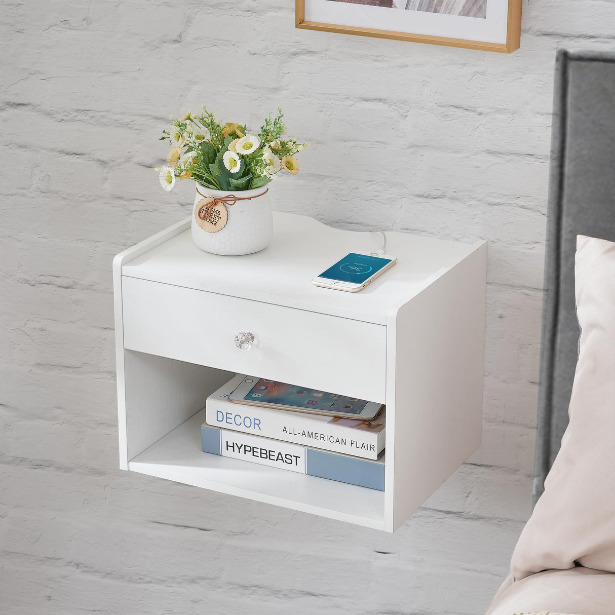 BWEISHOME Floating Nightstand Set of 2,Wall Mounted Nightstand,White Floating Night Stand with Drawer, Floating Bedside Table for Bedroom White KTZ04D BEWISHOME