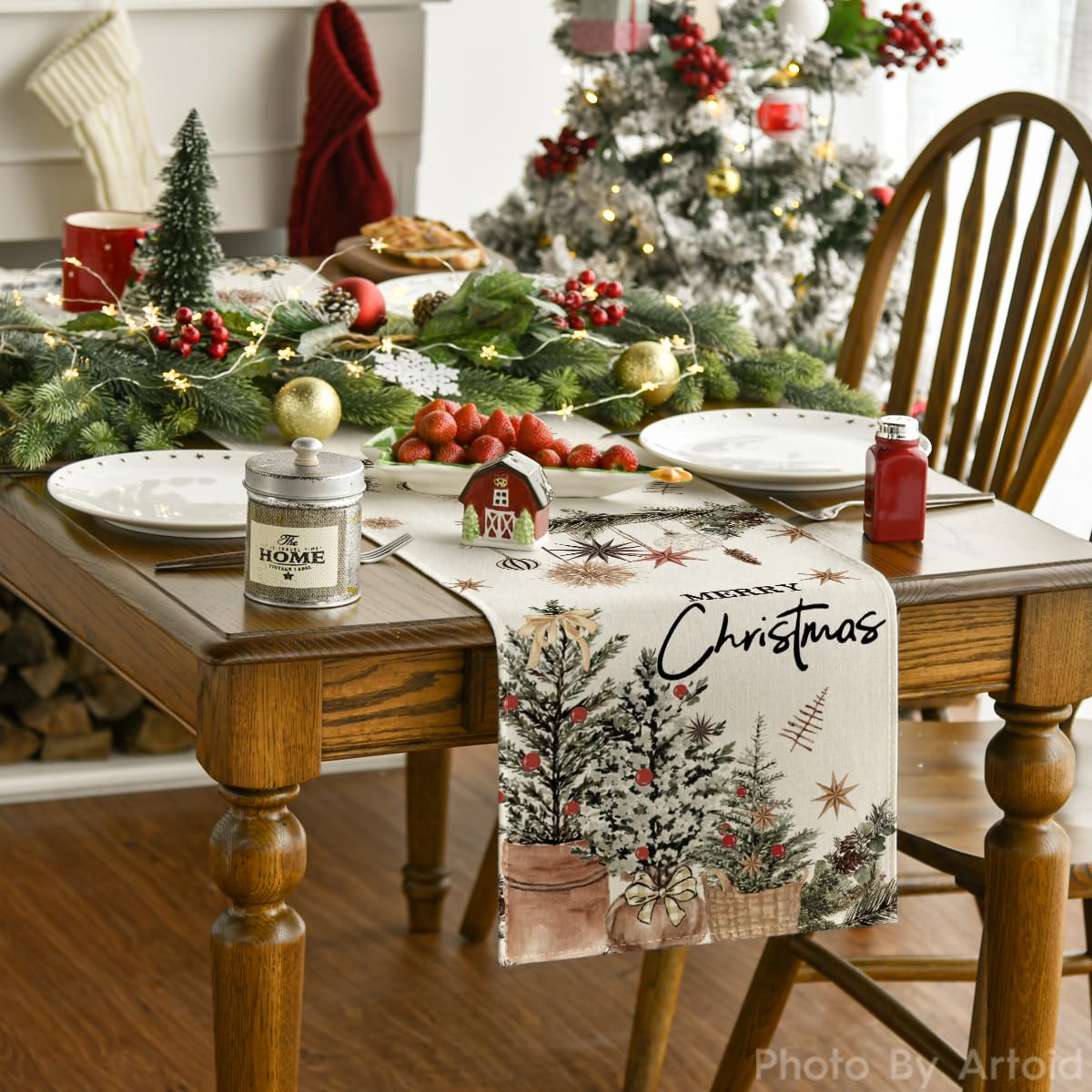 Artoid Mode Xmas Trees Holly Pine Cone Merry Christmas Table Runner, Seasonal Winter Kitchen Dining Table Decoration for Home Party Decor 13x72 Inch Artoid Mode