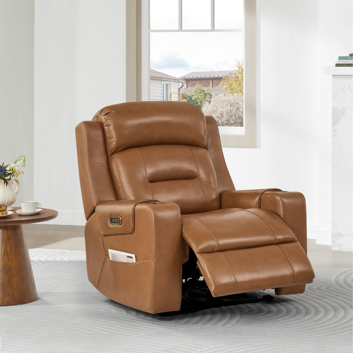 Watson & Whitely Genuine Leather Power Recliner Chairs for Adults, Lay Flat Recliner with Power Headrest, USB Ports and Cup Holders, Electric Reclining Chair for Living Room, Bedroom, Saddle Brown Watson & Whitely