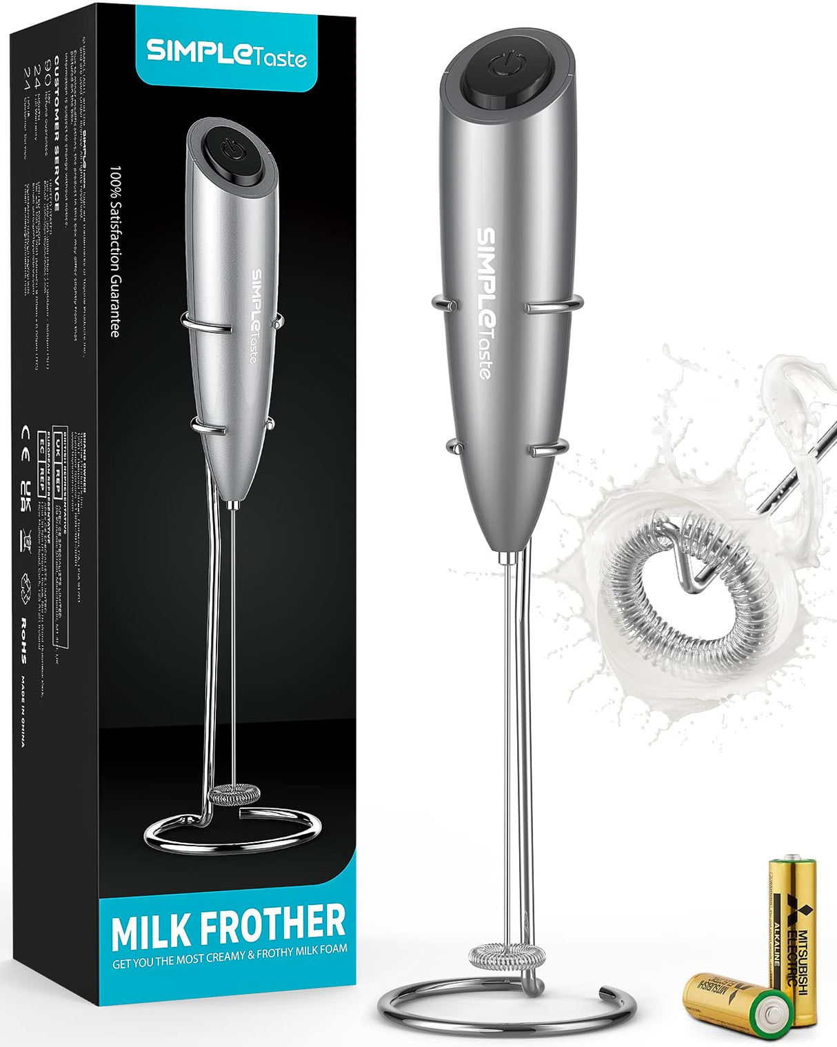 SIMPLETaste Milk Frother Handheld Battery Operated Electric Foam Maker, Drink Mixer with Stainless Steel Whisk and Stand for Cappuccino, Bulletproof Coffee, Latte SIMPLETASTE