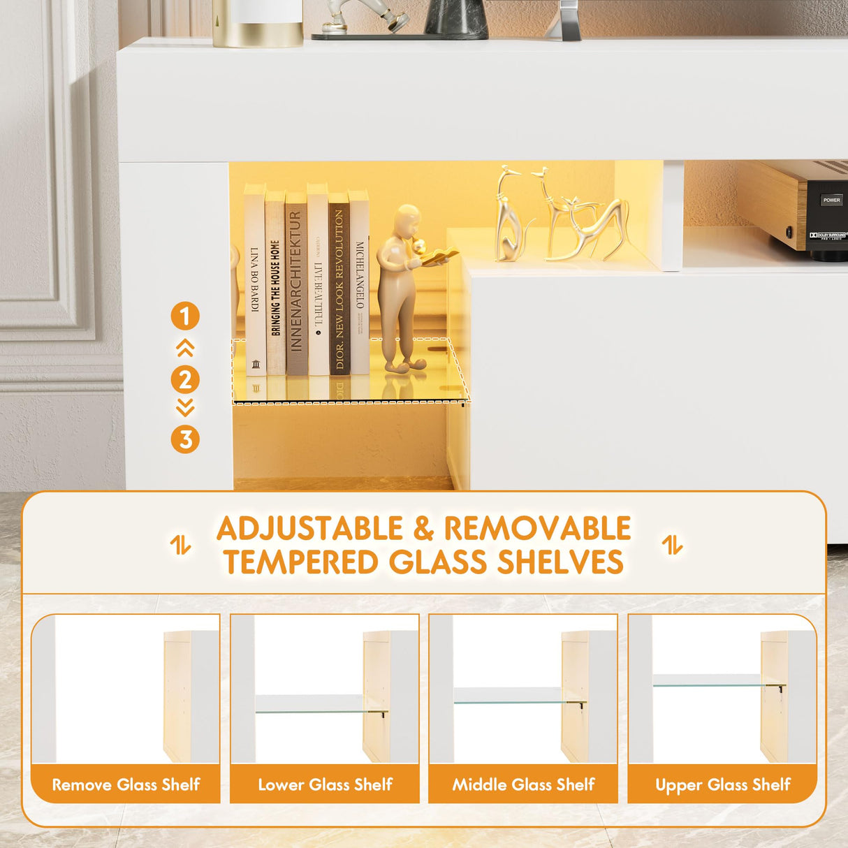 YESHOMY Modern LED TV Stand for Televisions up to 70 Inch with Glass Shelves and Drawer, Gaming Entertainment Center with Multiple Dynamic RGB Modes, for Livingroom, Bedroom, 60 Inch, White YESHOMY