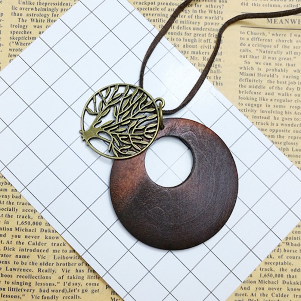 HUNO Tree of Life Pendant Necklace Long Leather Chain Statement Wooden Necklace for Women Vintage Wood Jewelry HUNO