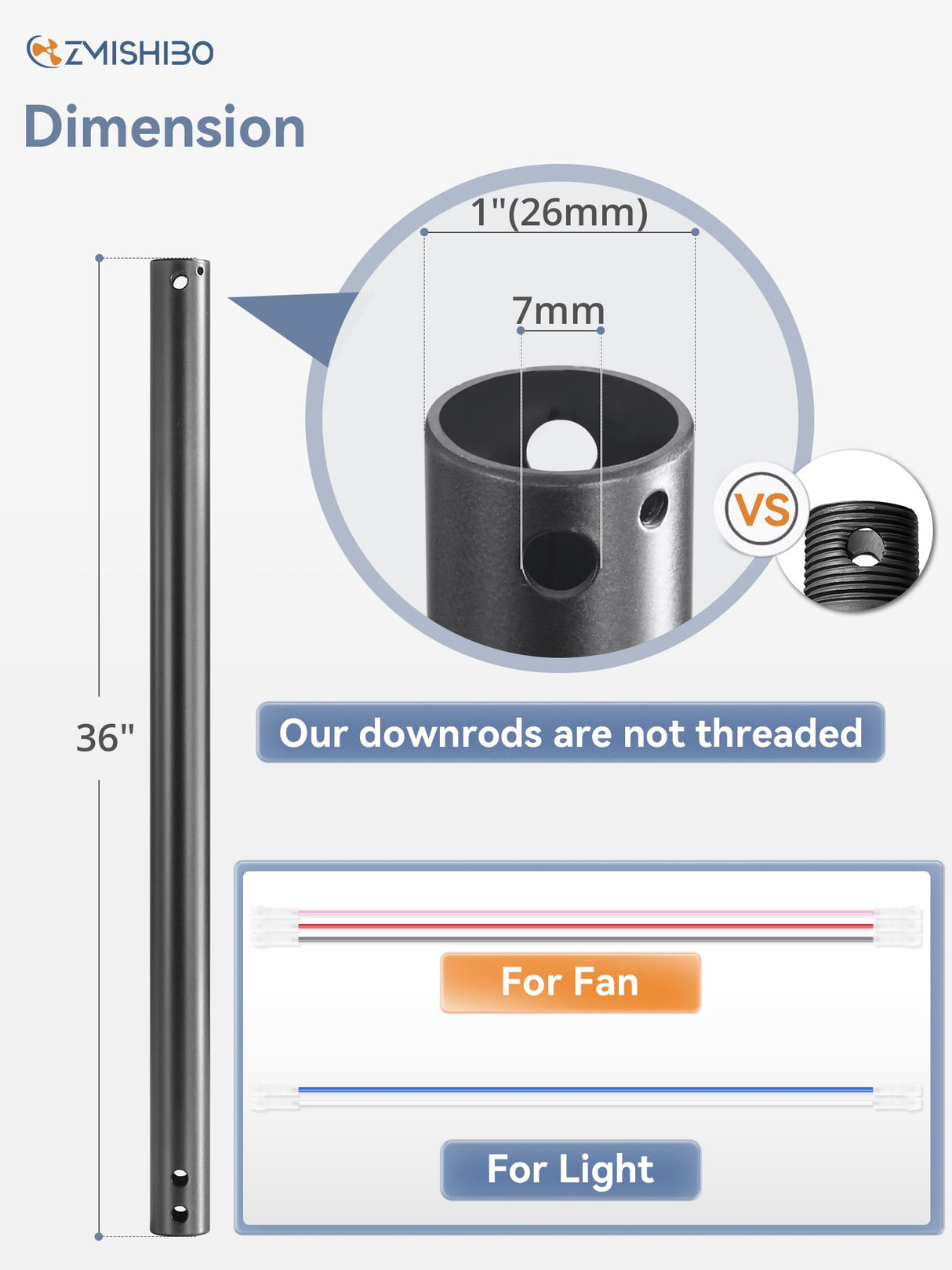 ZMISHIBO 36 Inch Ceiling Fan Downrod with Coupler, 1" Diameter and 36" Height Ceiling Fan Extension Rod with Wires, Downrods Extension for Most of Ceiling Fans, Black, Not Threaded ZMISHIBO