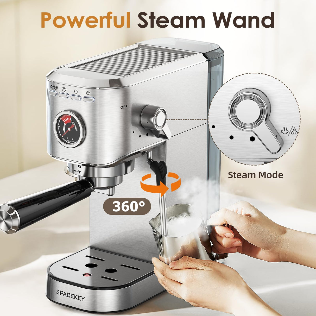 Spacekey Espresso Machine 20 Bar, Professional 1350W Espresso Maker with Milk Frother, Compact Stainless Steel Cappuccino & Latte & Americano Maker with 39oz Removable Water Tank, Silver Spacekey