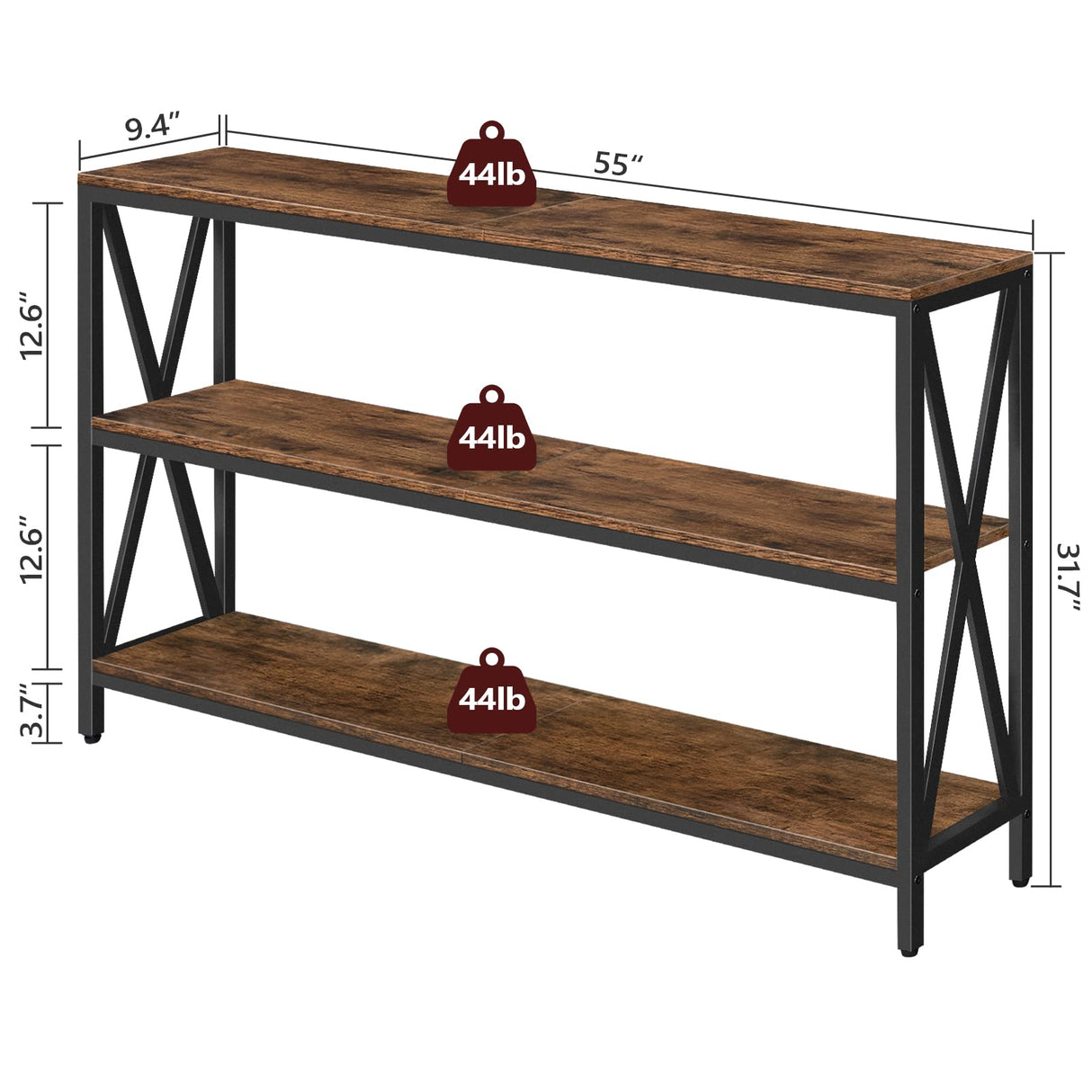 MAHANCRIS 55" Sofa Table, Industrial Console Table, 3-Tier Narrow Side Table with Open Shelves, Foyer Table for Entryway, Hallway, Kitchen, Living Room and Bedroom, Rustic Brown CTHR80401 MAHANCRIS