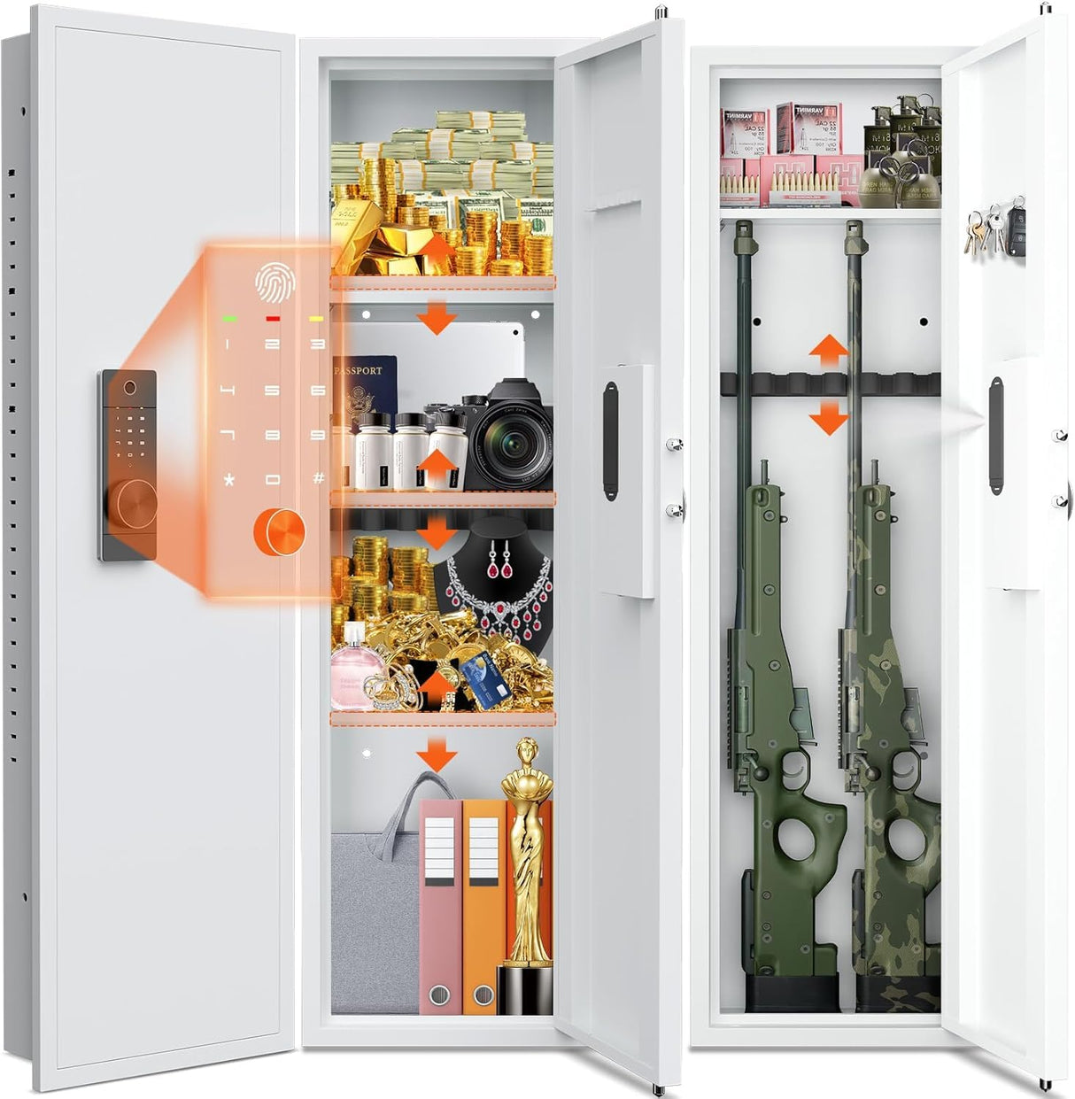 53" Tall Hidden Wall Safe with Fingerprint Lock - Fireproof & Waterproof, Dual Alarm System, 3 Adjustable Shelves, Magnetic Slot & Key Hooks - Modern White Steel Construction opentiny