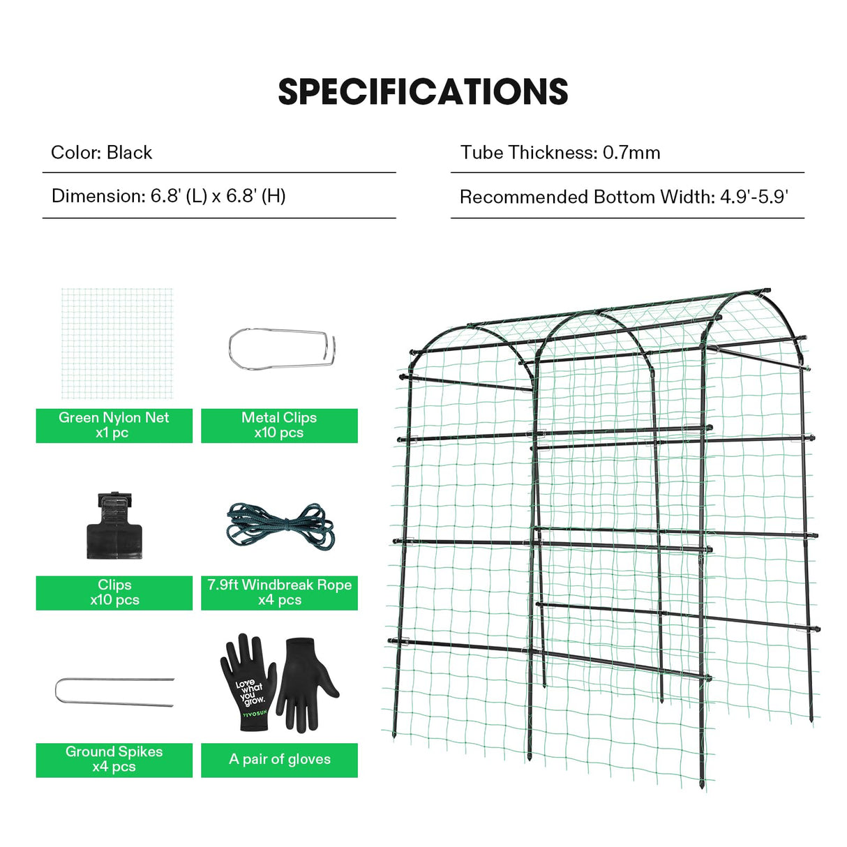 VIVOSUN 7Ft. Arch Trellis for Climbing Plants, 7 x 6 x 7ft Tall Metal Tunnel Trellis, Lightweight Metal Plant Support Archway with Nylon Netting for Climbing Vine, Vegetables, Fruits, Flowers, Black VIVOSUN