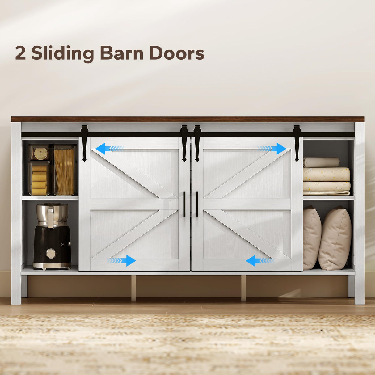 HOMCOM 59 Inch Farmhouse Sideboard Buffet Cabinet with Thick Top, Coffee Bar Cabinet with 2 Sliding Barn Doors, 4 Drawers and 2 Adjustable Shelves for Kitchen, Distressed White HOMCOM