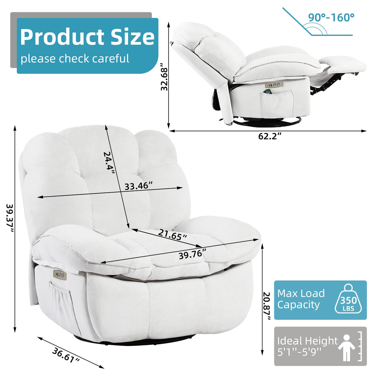 DYHOME Rocking Recliner Chair, Massage Rocker Recliner Chair with Vibration Massage and Heat, White Swivel Chairs, Soft Fabric Single Reclining Sofa for Living Room Bedroom, with USB Port DYHOME